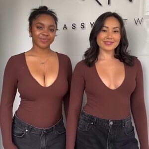 🤎 (NWT) Klassy Network • Deep V Long Sleeve Bramisuit in Brown, S